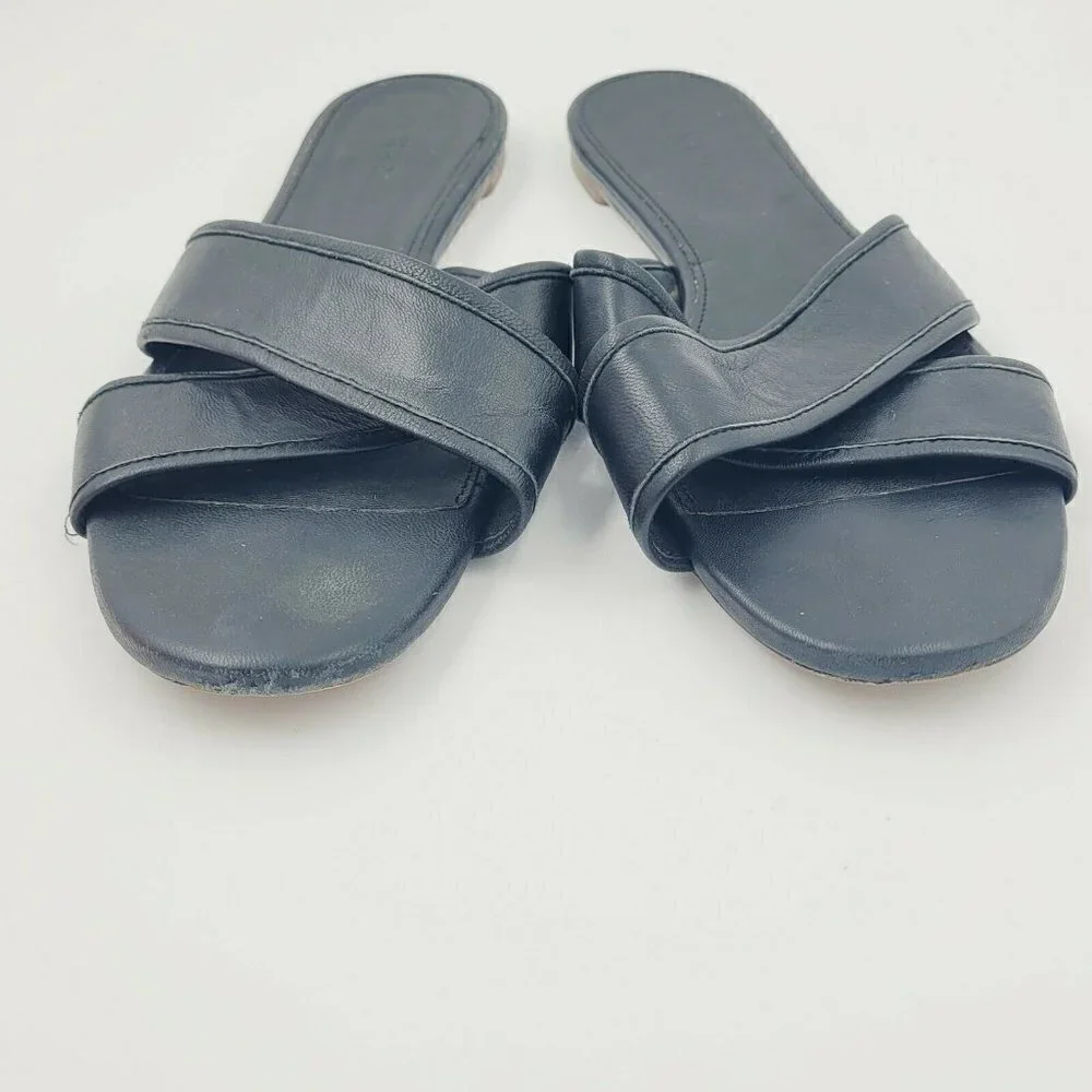 J. Crew Cora Black Leather Two Strap Slide Sandals Size 9